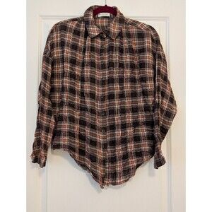 Shop Neighbor Plaid Shirt Womens Small Brown White Muslin Cotton Long Sleeve